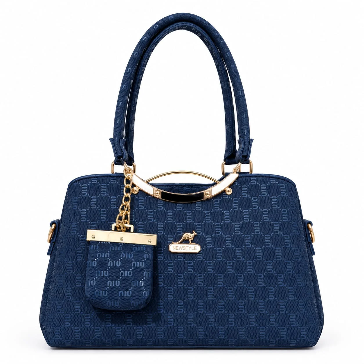 Mimi Pattern Shoulder Bag with Mini Pouch & Gold Metal Accents – Blue