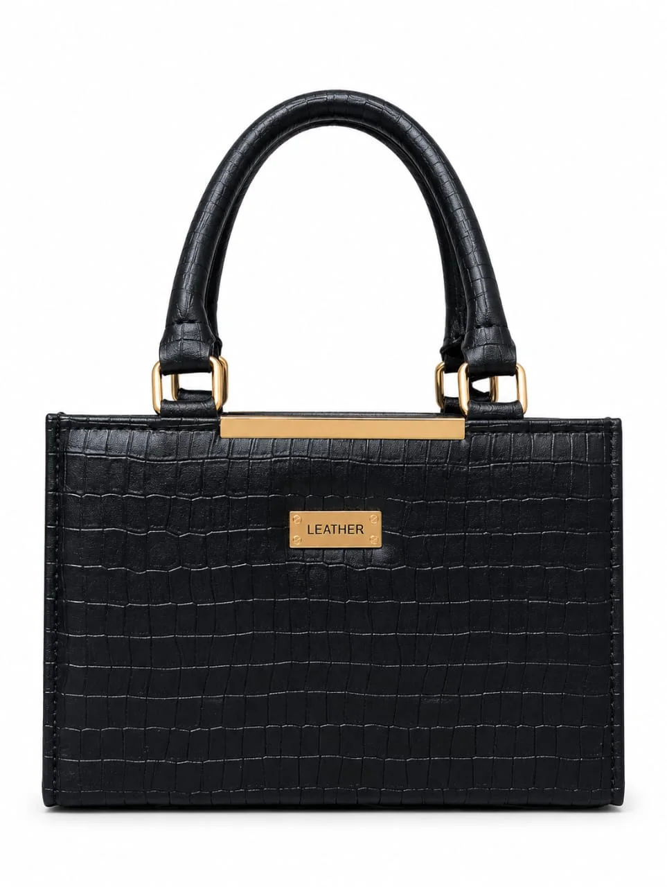 Crocodile Pattern Leather Top-Handle Tote Bag with Gold Bar Detail – Black