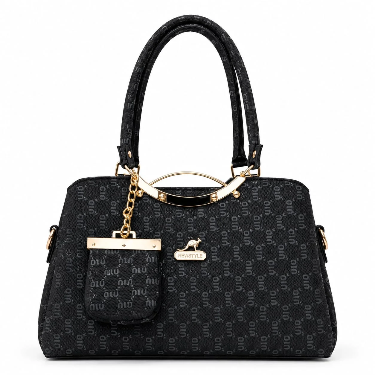 Mimi Pattern Shoulder Bag with Mini Pouch & Gold Metal Accents – Black