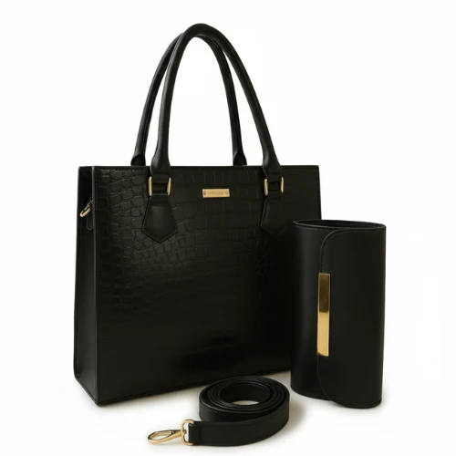 Crocodile Leather Regal Pattern 2-Piece Handbag – Black
