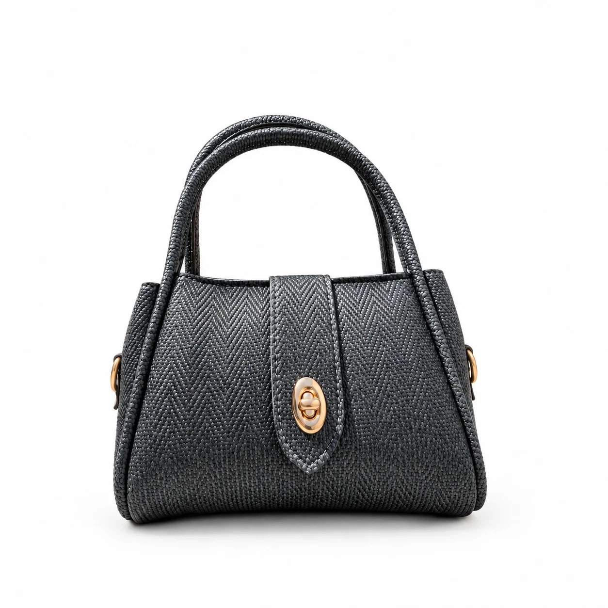 Textured Faux Leather Top-Handle Handbag with Twist-Lock Clasp – Charcoal Grey
