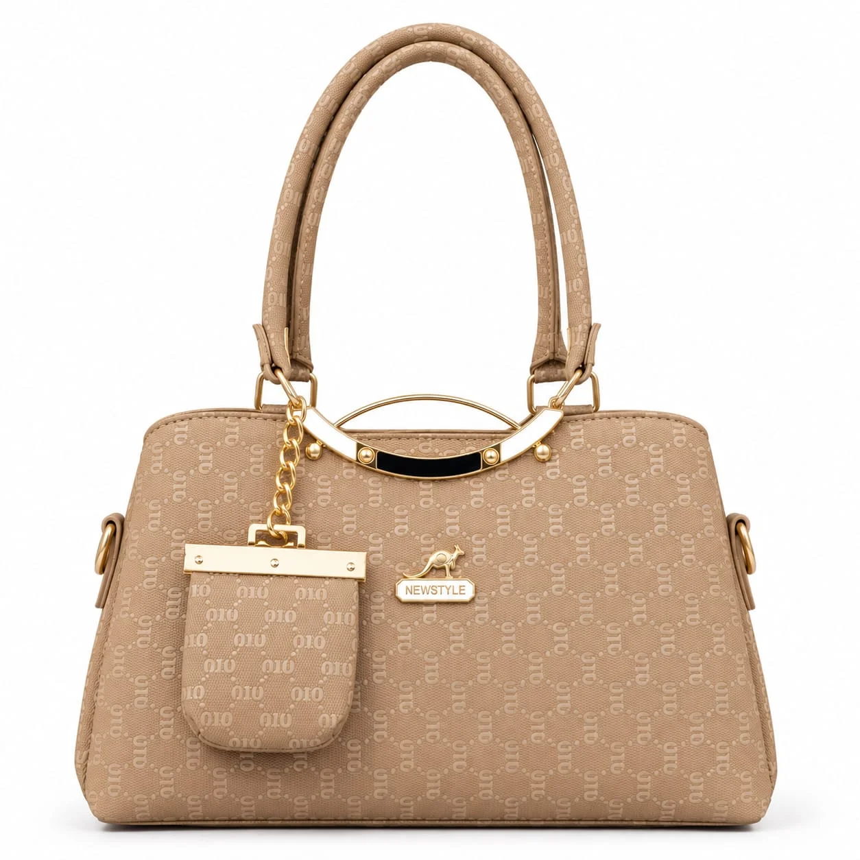 Mimi Pattern Shoulder Bag with Mini Pouch & Gold Metal Accents – Cream