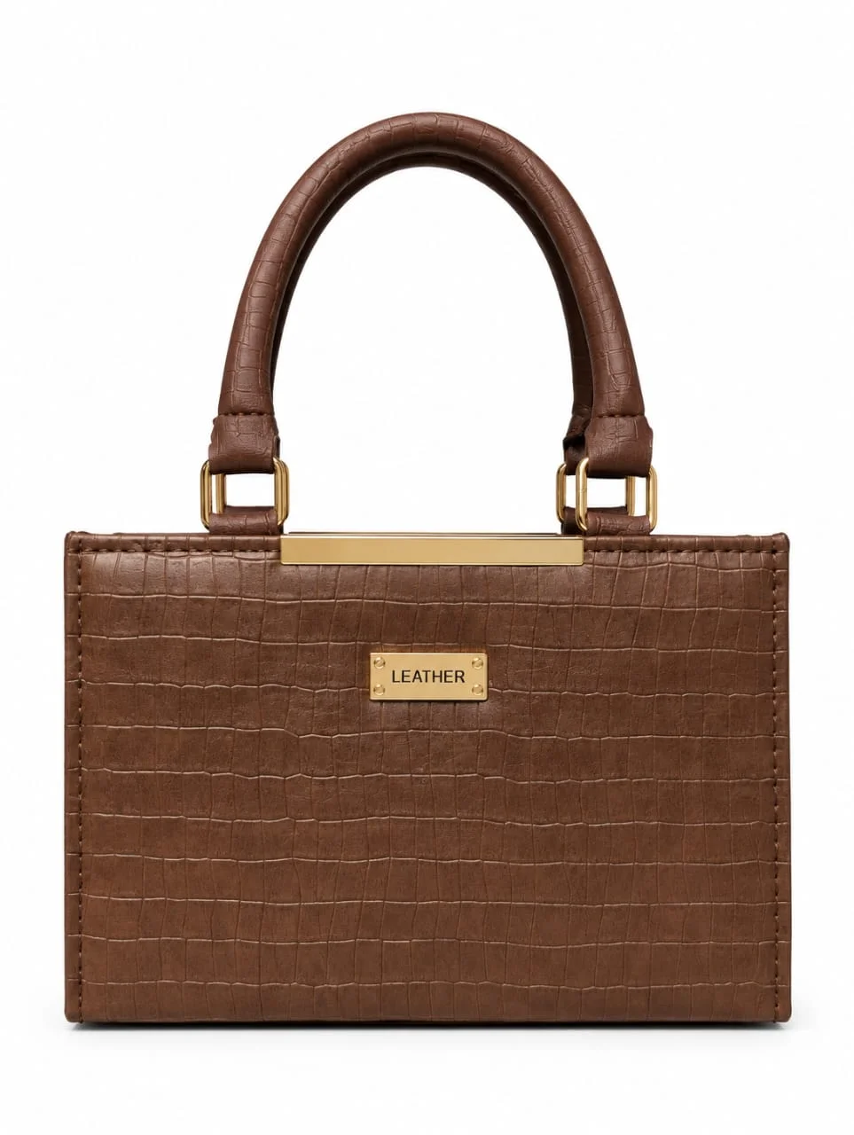 Crocodile Pattern Leather Top-Handle Tote Bag with Gold Bar Detail – Chocolate Brown