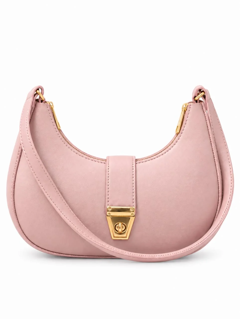 Minimalist Crescent Shoulder Bag with Twist-Lock Clasp – Dusty Pink