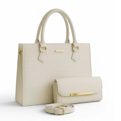 Crocodile Leather Regal Pattern 2-Piece Handbag – White