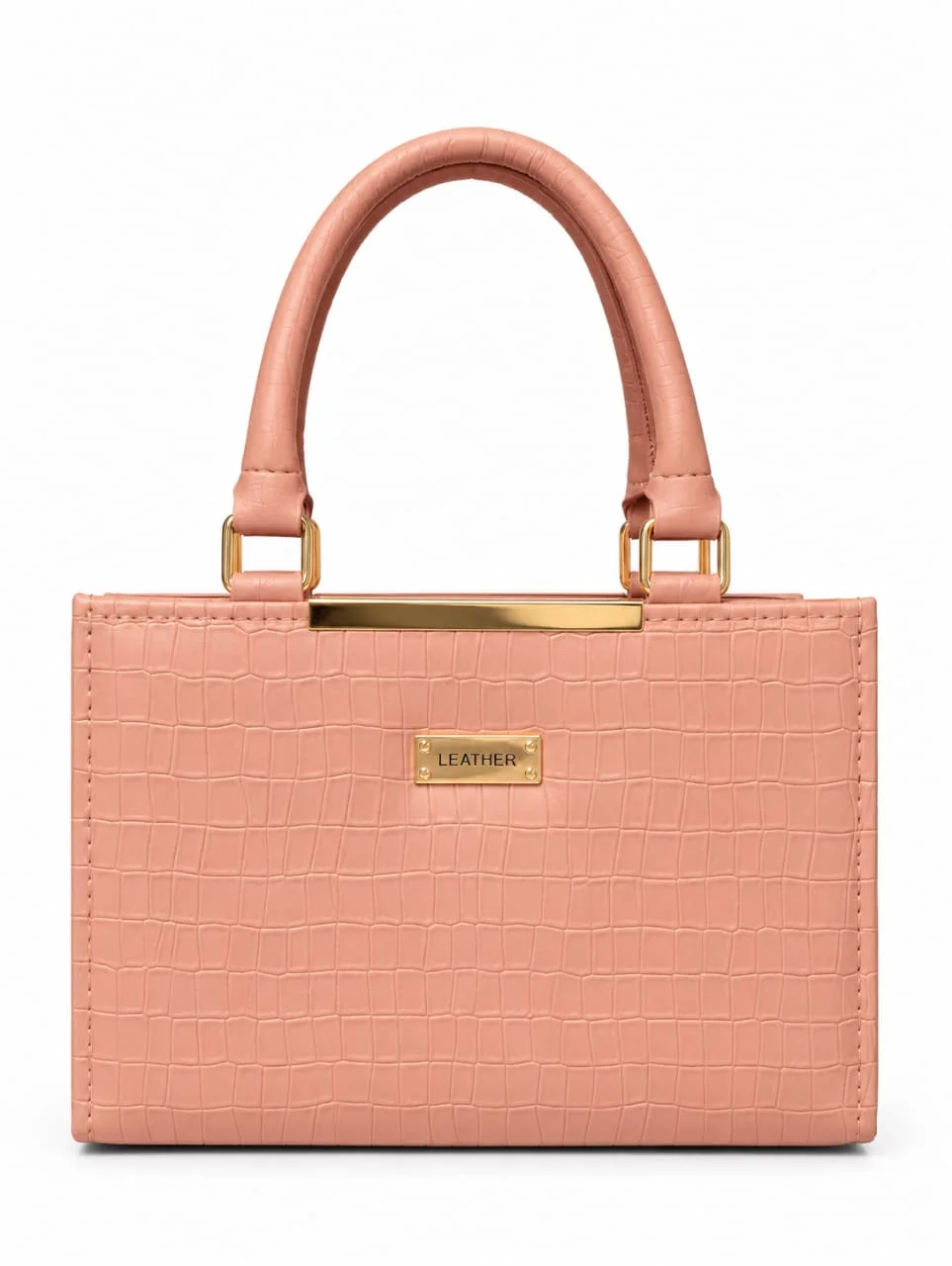 Crocodile Pattern Leather Top-Handle Tote Bag with Gold Bar Detail – Blush Pink