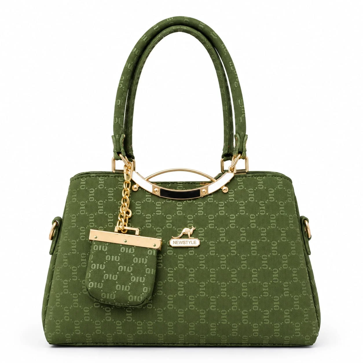 Mimi Pattern Shoulder Bag with Mini Pouch & Gold Metal Accents – Green