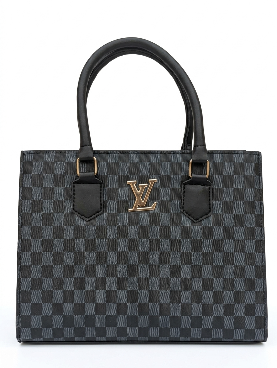 Elegant Checkerboard Structured Tote Bag – Dark Charcoal