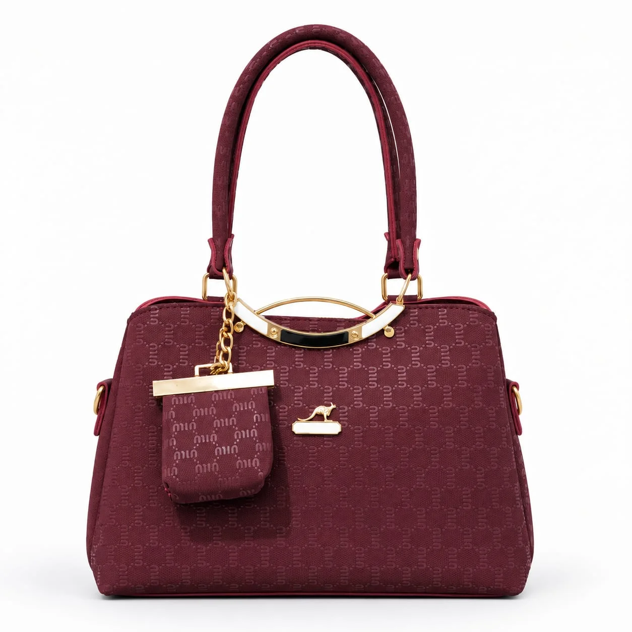 Mimi Pattern Shoulder Bag with Mini Pouch & Gold Metal Accents – Maroon