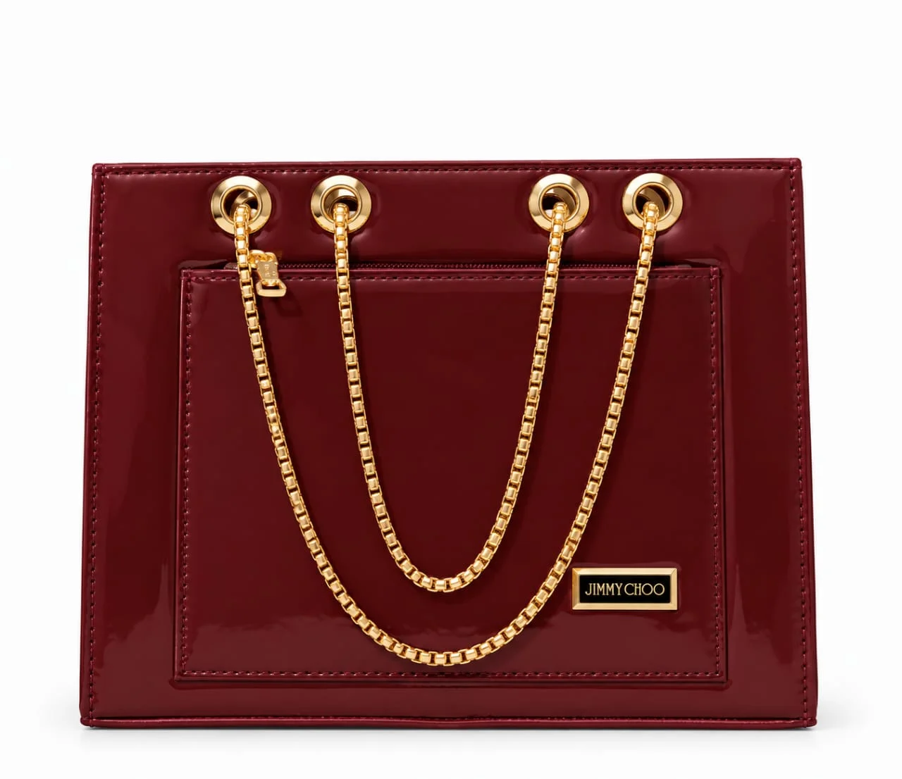 Patent Leather Convertible Handbag with Inner Pocket & Gold Chain Strap – Maroon / Wine Red