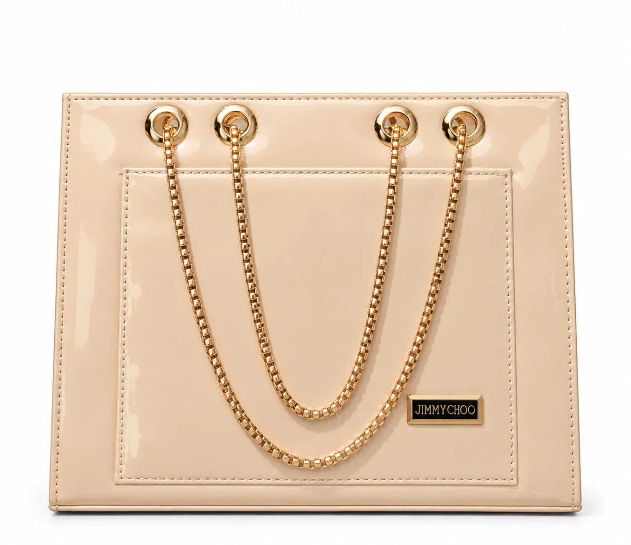 Patent Leather Convertible Handbag with Inner Pocket & Gold Chain Strap – Nude Beige