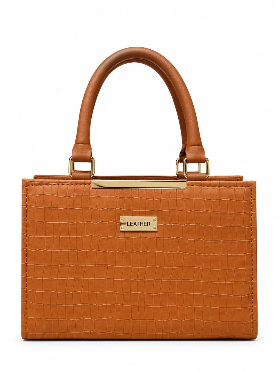 Croc Embossed Structured Box Tote Bag with Gold Bar Detail – Tan Brown