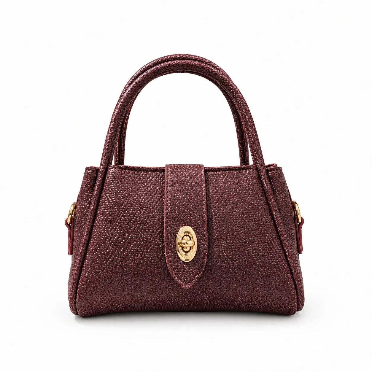 Textured Faux Leather Top-Handle Handbag with Twist-Lock Clasp – Maroon