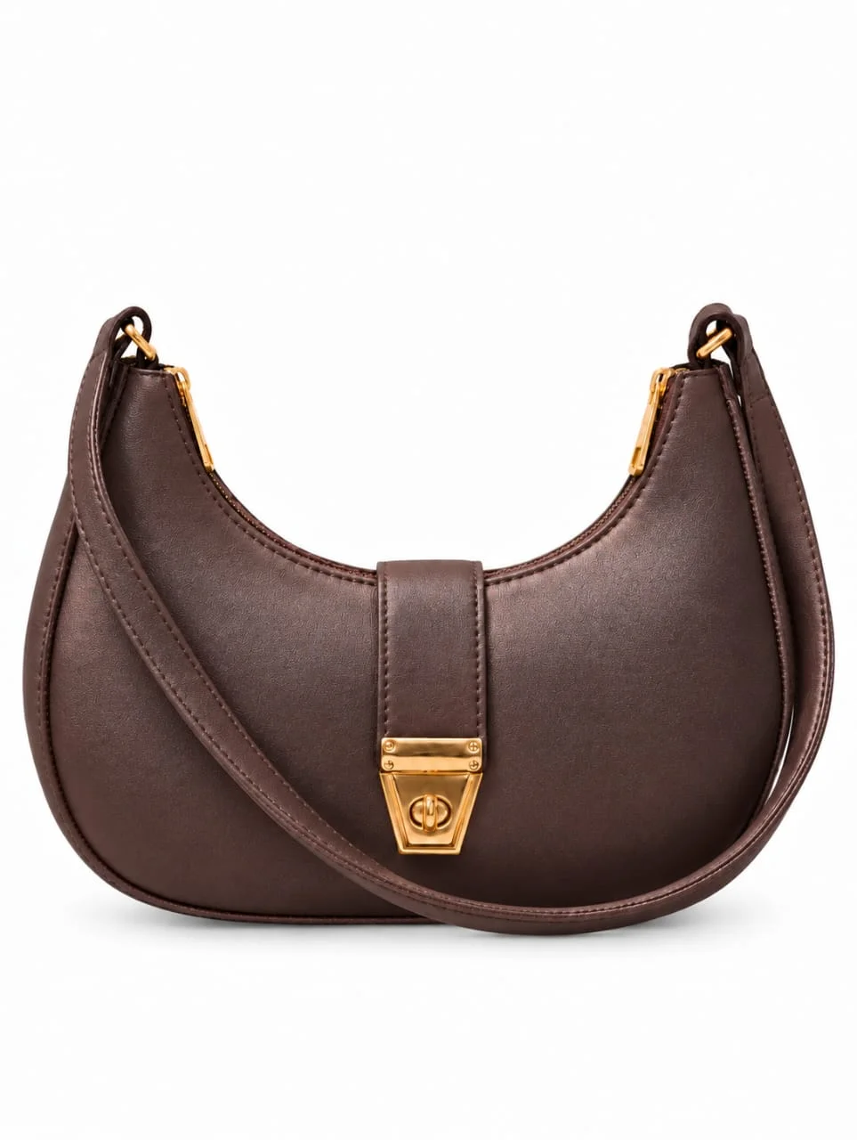Minimalist Crescent Shoulder Bag with Twist-Lock Clasp – Dark Chocolate Brown