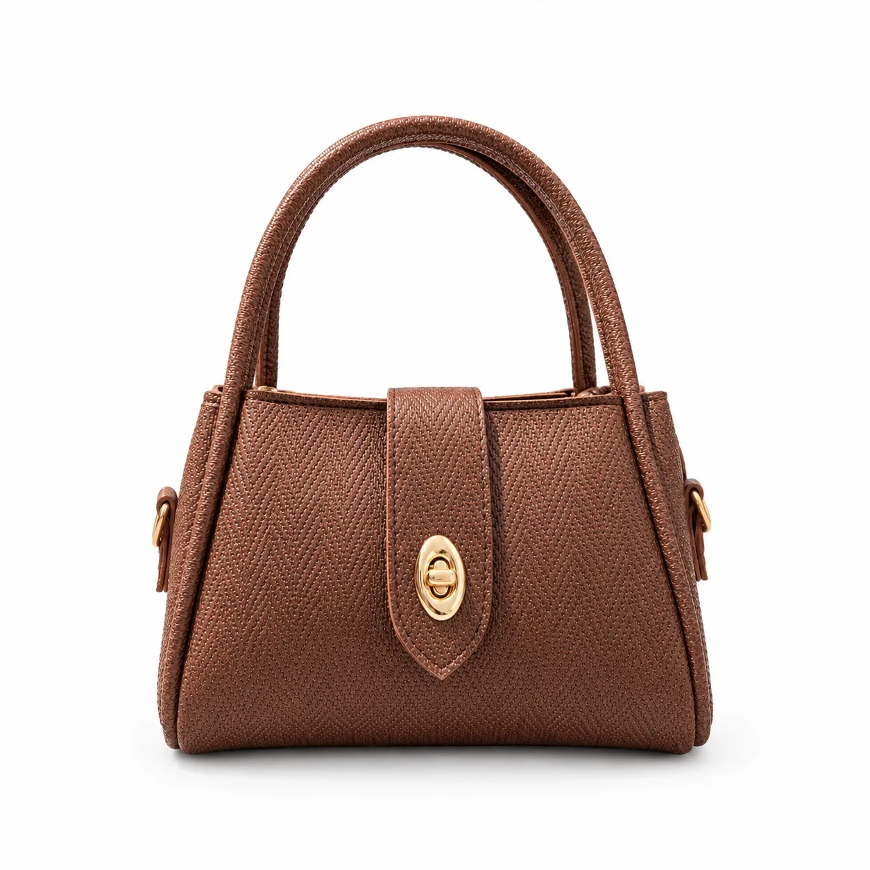 Textured Faux Leather Top Handle Handbag with Twist-Lock Clasp – Warm Brown