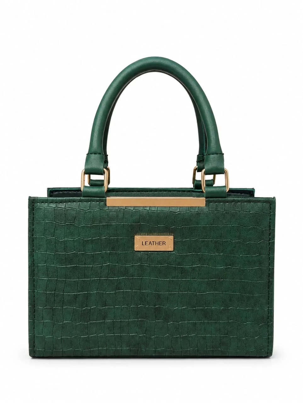 Crocodile Pattern Leather Top-Handle Tote Bag with Gold Bar Detail – Emerald Green