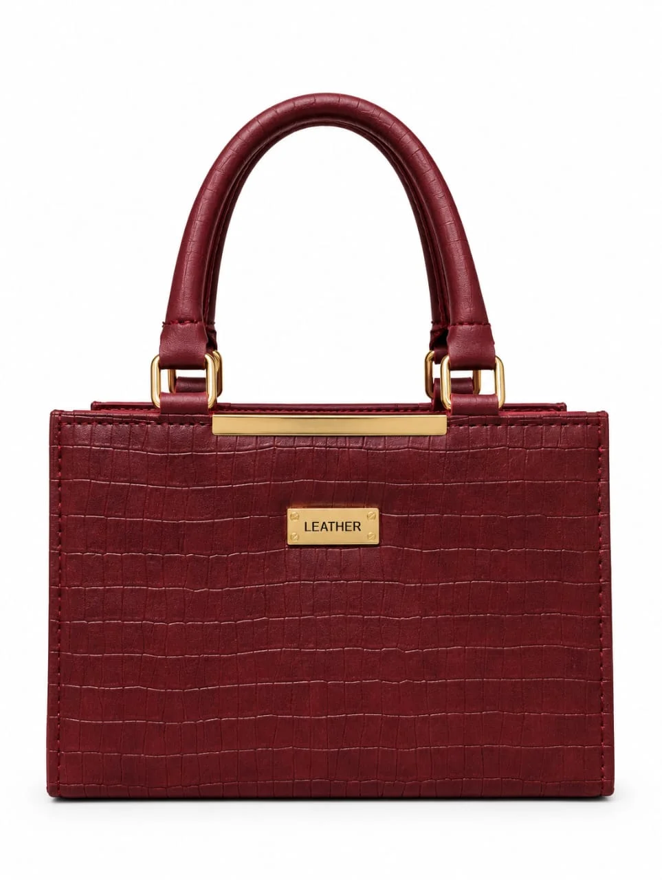 Crocodile Pattern Leather Top-Handle Tote Bag with Gold Bar Detail – Maroon Red