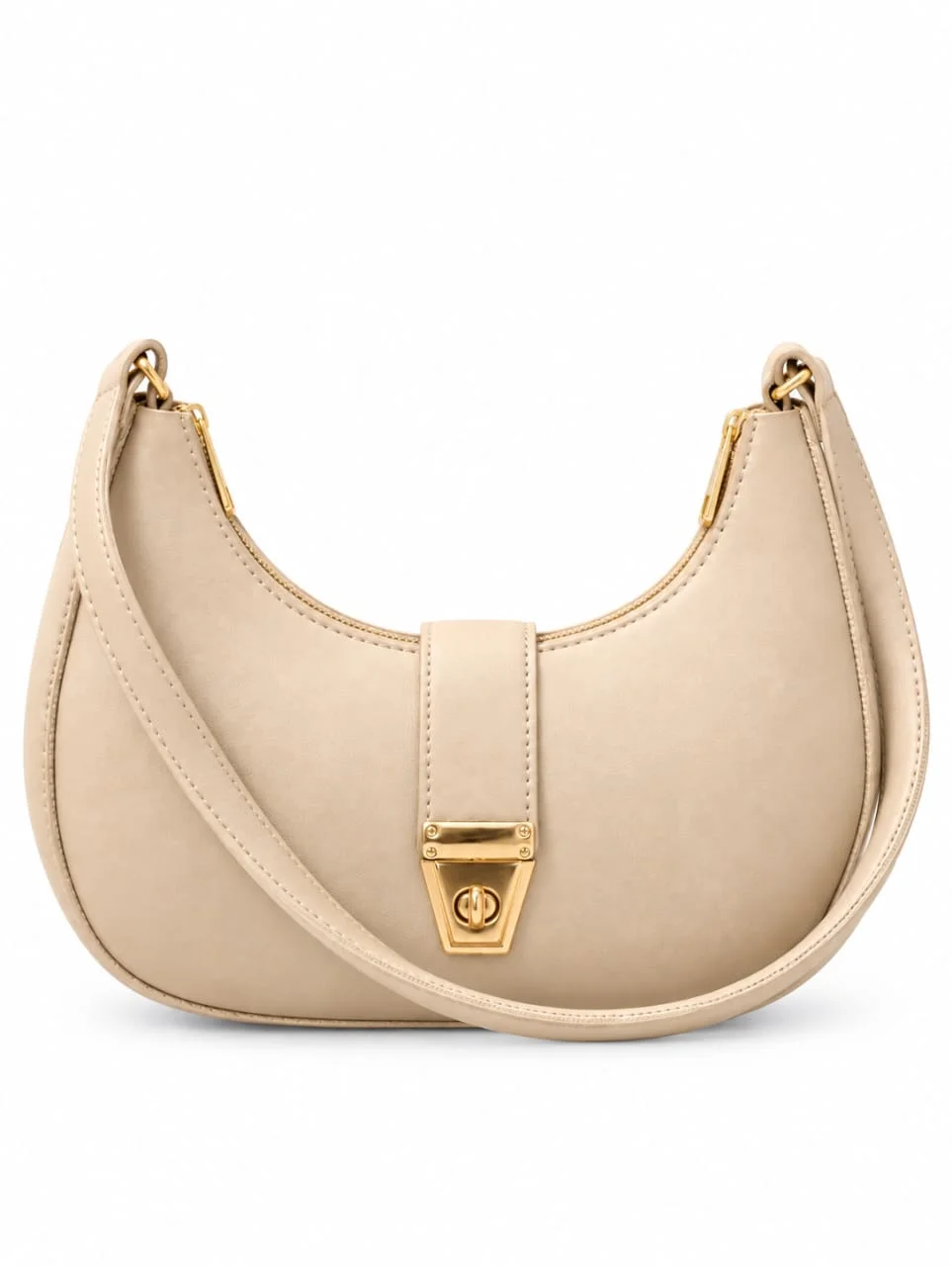Minimalist Crescent Shoulder Bag with Twist-Lock Clasp – Cream Beige