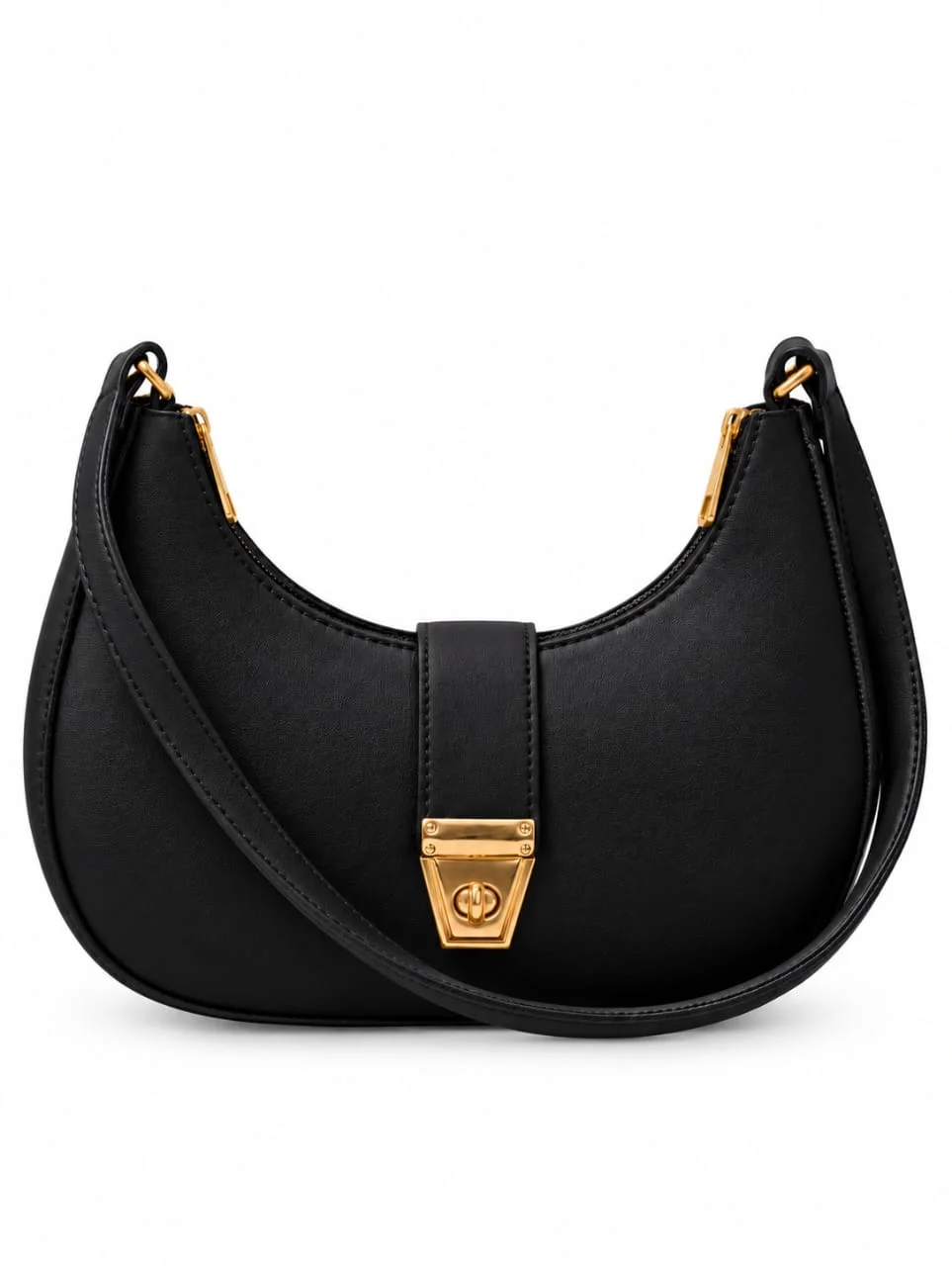 Minimalist Crescent Shoulder Bag with Twist Lock Clasp – Black