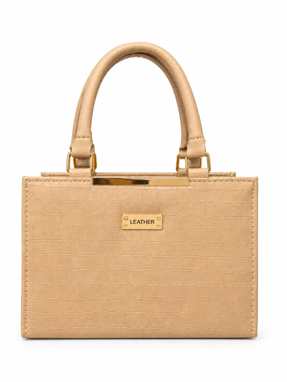 Crocodile Pattern Leather Top-Handle Tote Bag with Gold Bar Detail – Warm Beige