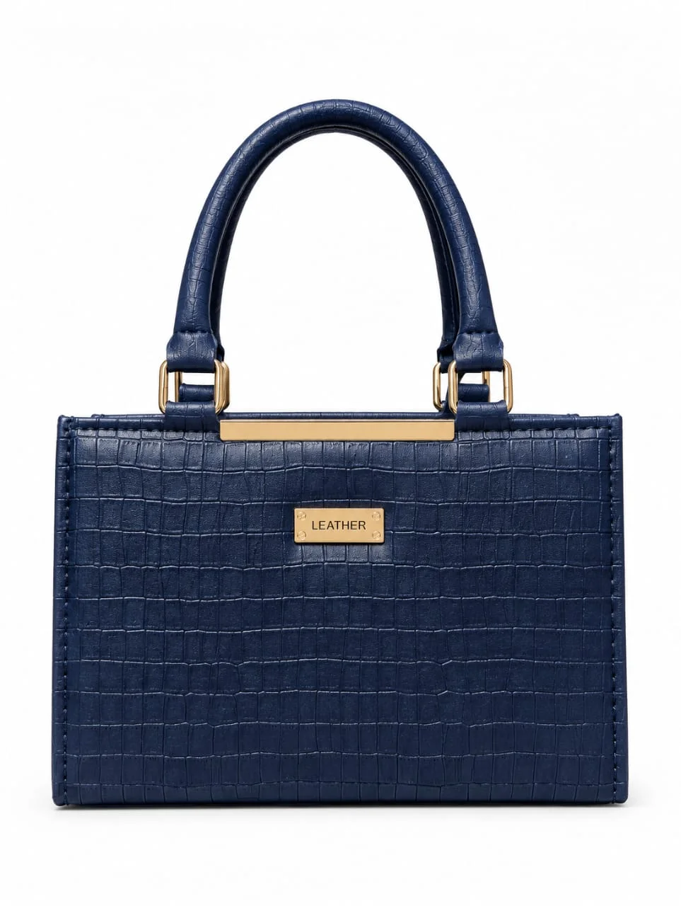 Crocodile Pattern Leather Top-Handle Tote Bag with Gold Bar Detail – Navy Blue