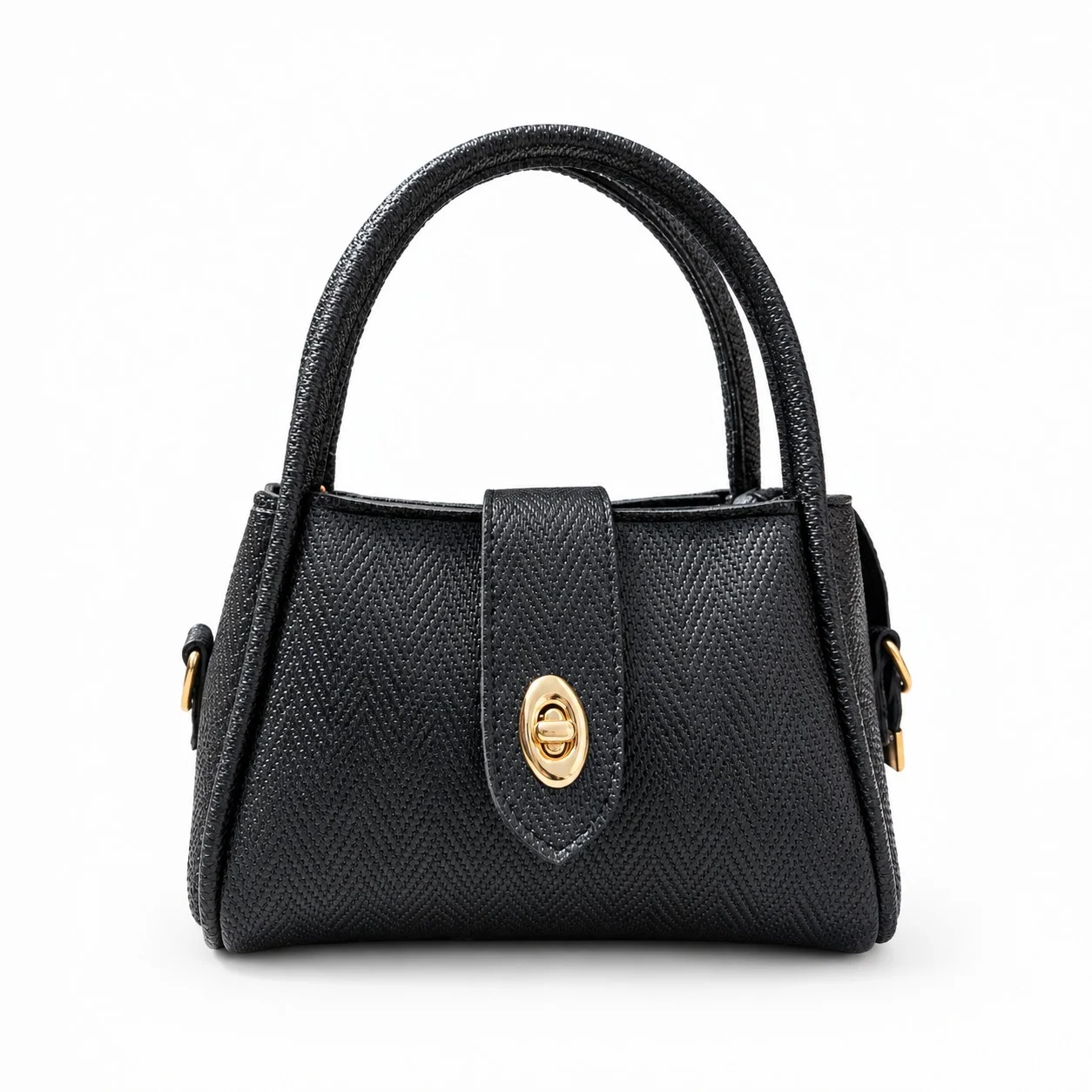 Textured Faux Leather Top-Handle Handbag with Twist-Lock Clasp – Classic Black