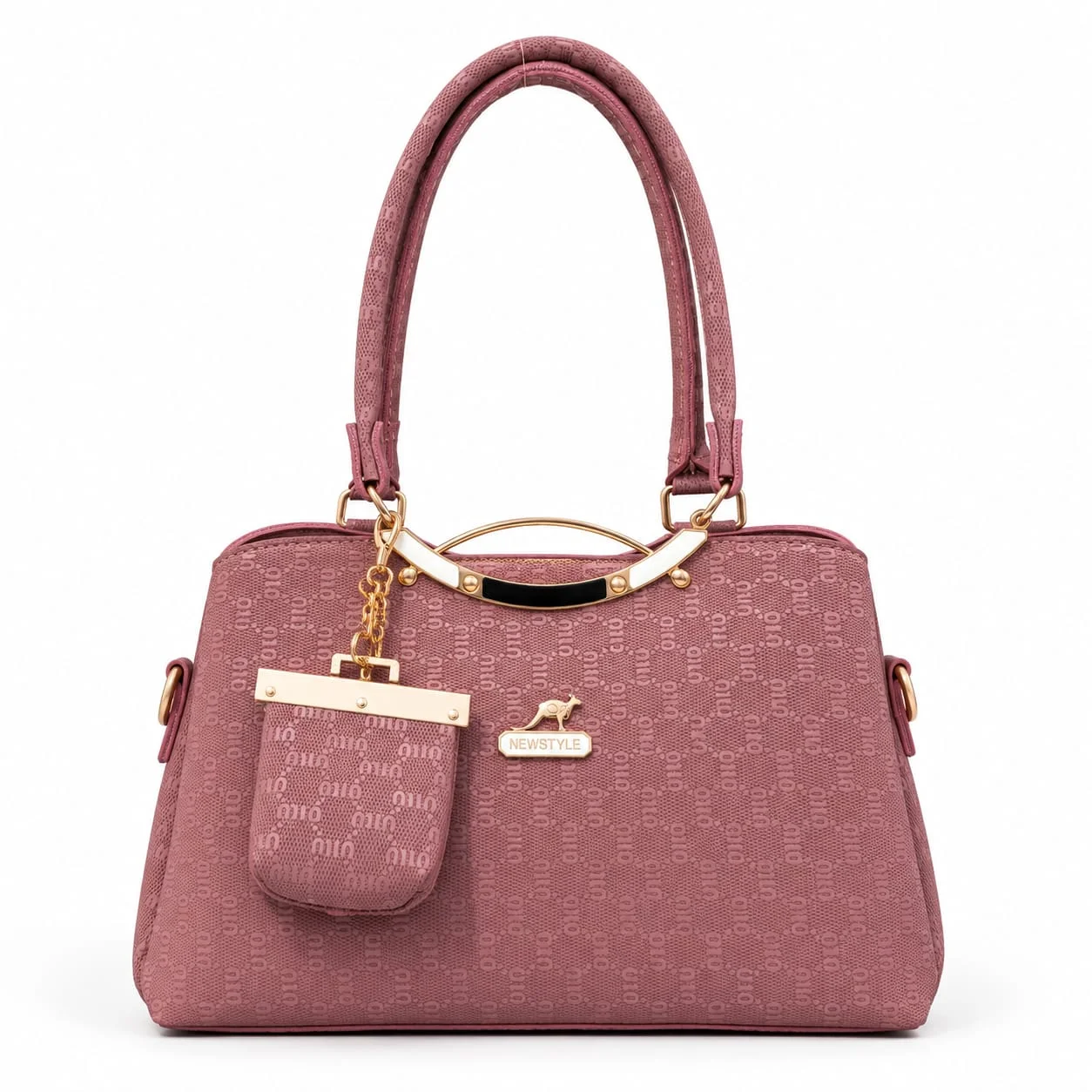 Mimi Pattern Shoulder Bag with Mini Pouch & Gold Metal Accents – Dusty Rose Pink
