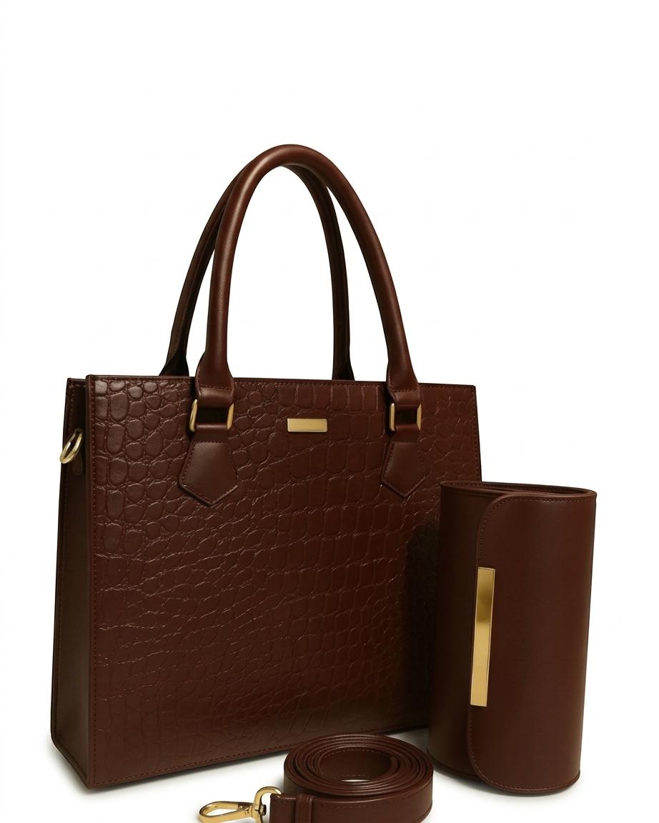 Crocodile Leather Regal Pattern 2-Piece Handbag Chocolate