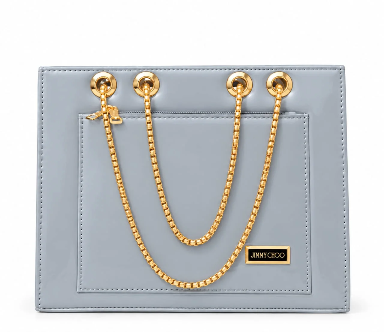 Patent Leather Convertible Handbag with Inner Pocket & Gold Chain Strap – Slate Grey